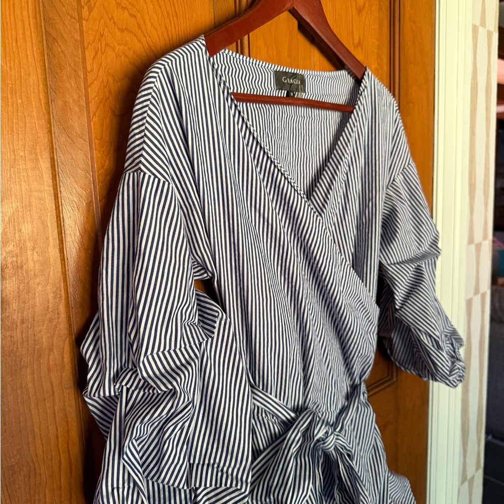 Gracia Blue and White Striped V-Neck Dress